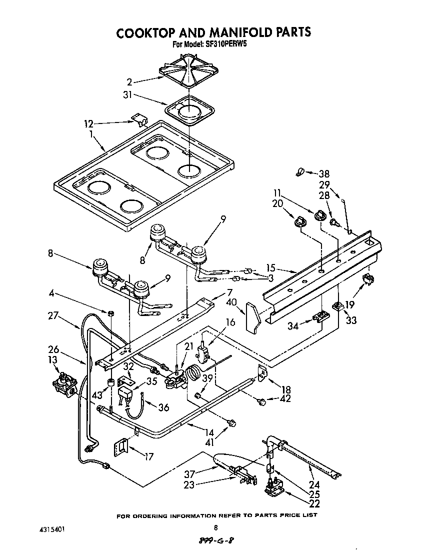 Whirlpool SF310PERW5 cook top and manifold diagram