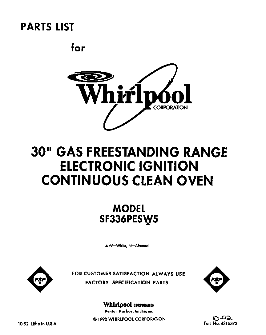 Whirlpool SF336PESW5 front cover diagram