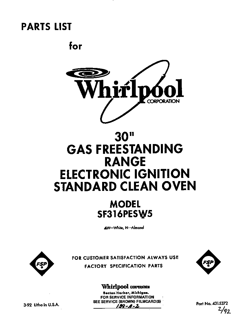 Whirlpool SF316PESW5 front cover diagram