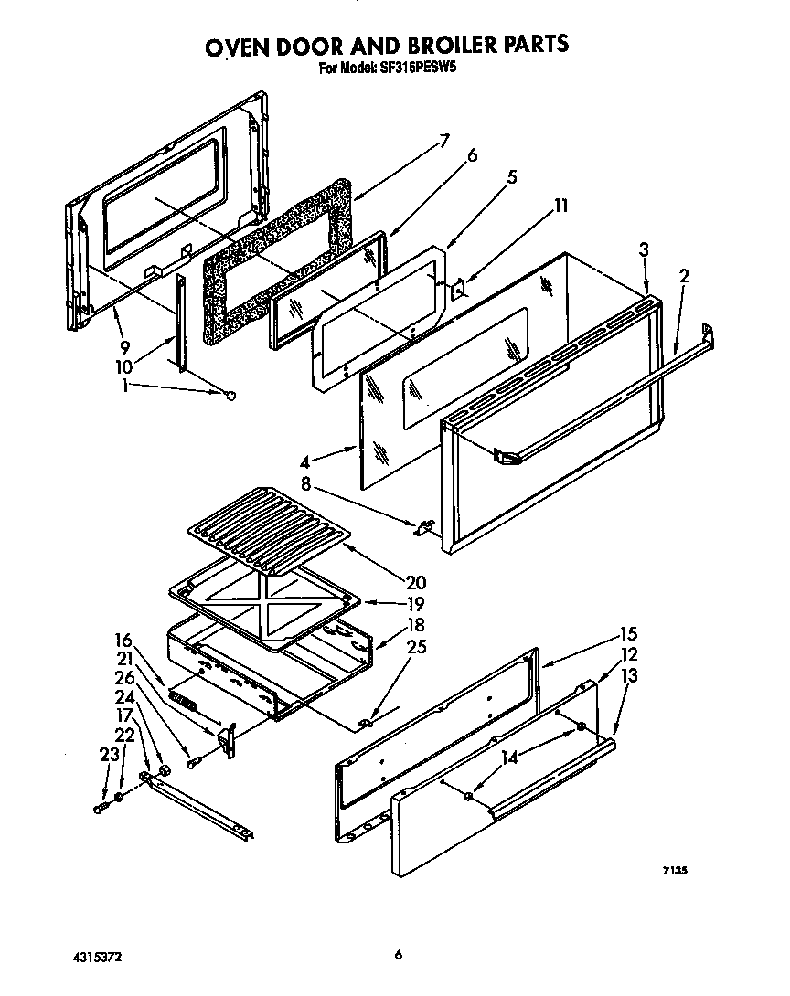 Whirlpool SF316PESW5 oven door and broiler diagram