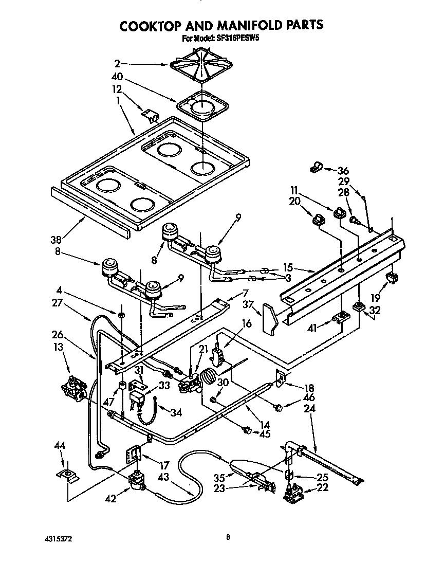 Whirlpool SF316PESW5 cooktop and manifold diagram