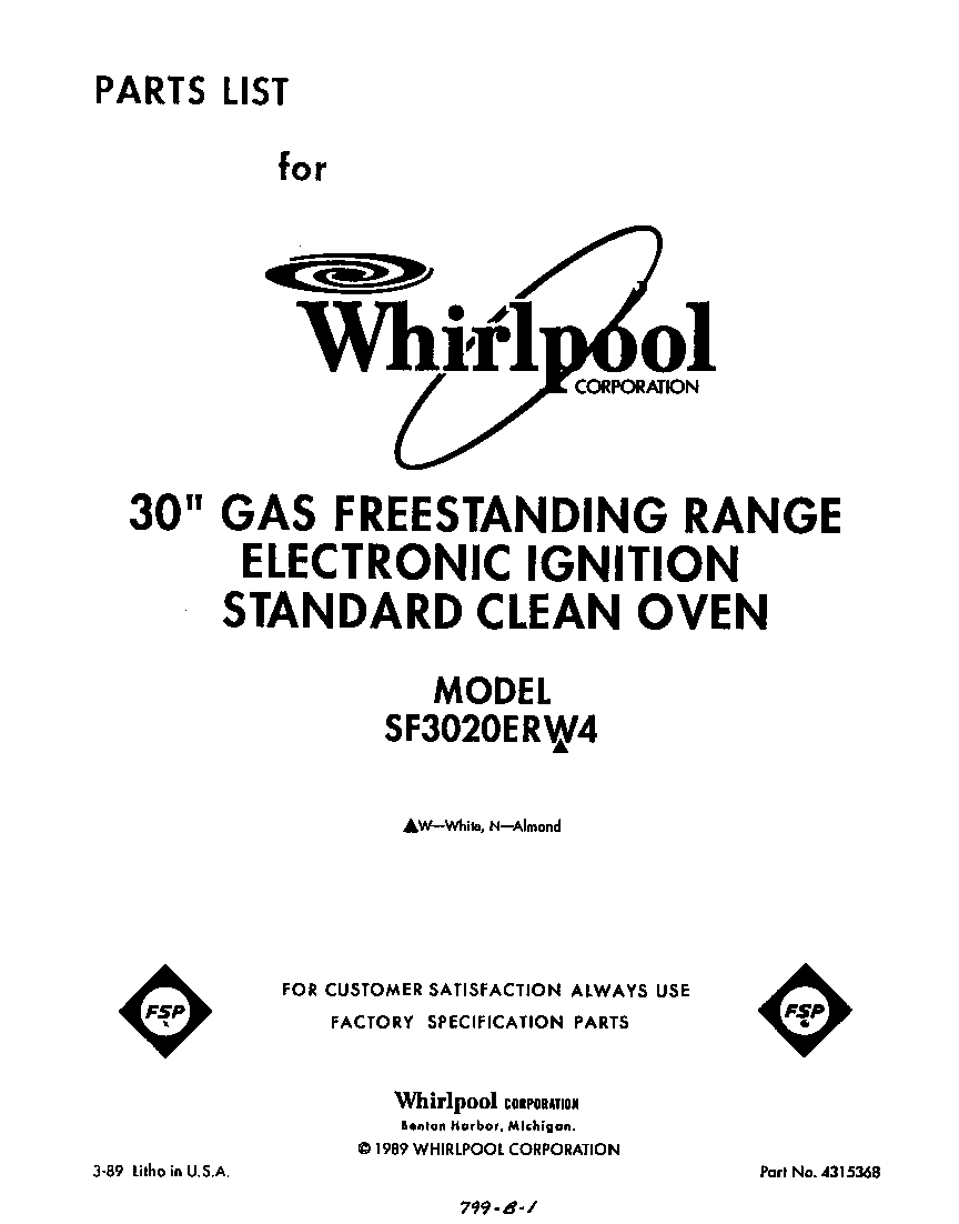 Whirlpool SF3020ERW4 front cover diagram