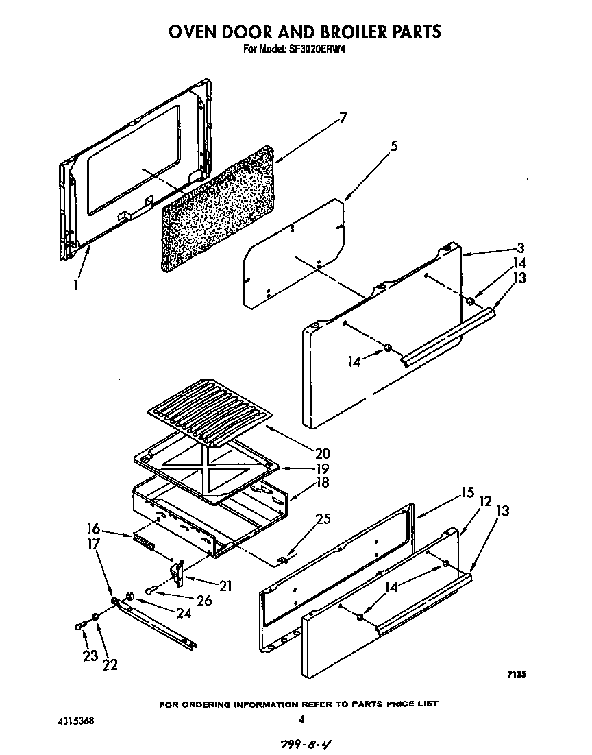 Whirlpool SF3020ERW4 oven door and broiler diagram