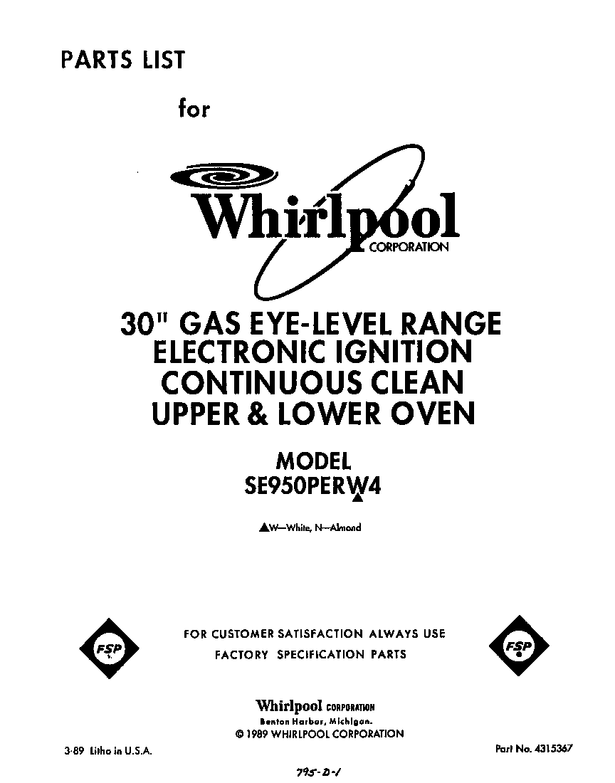 Whirlpool SE950PERW4 front cover diagram