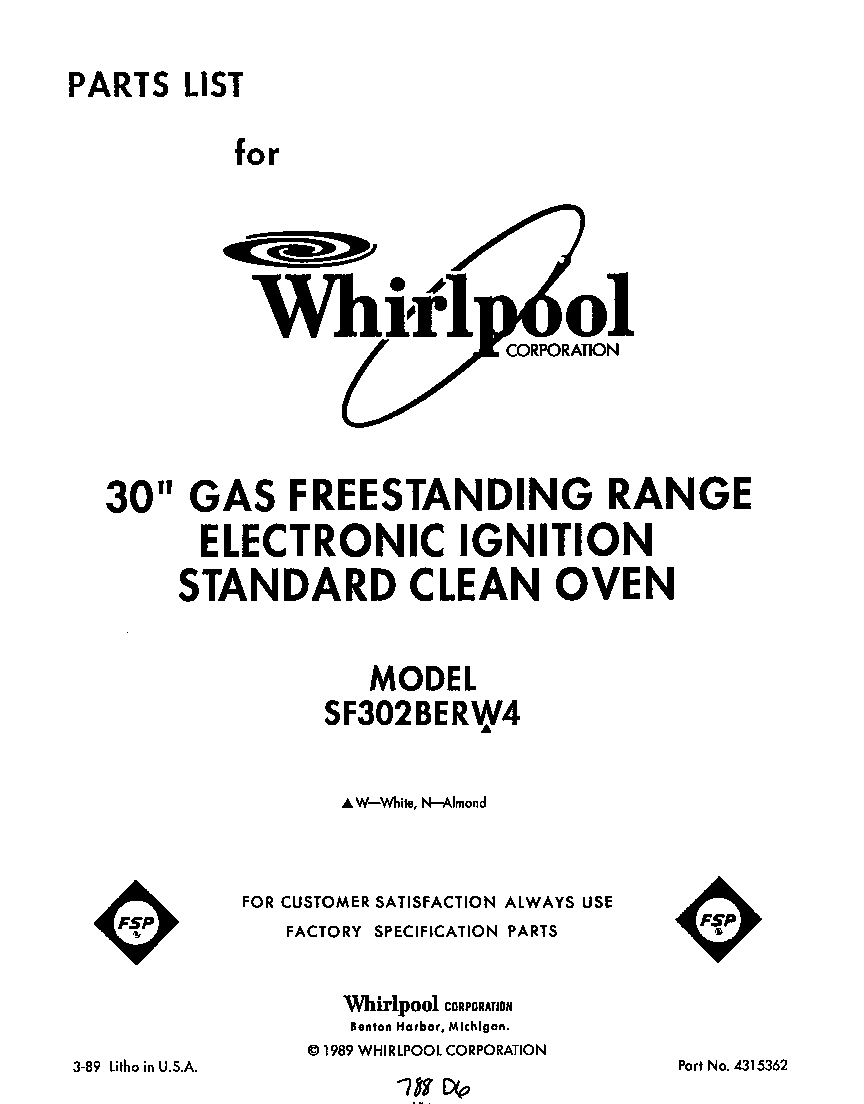 Whirlpool SF302BERW4 front cover diagram