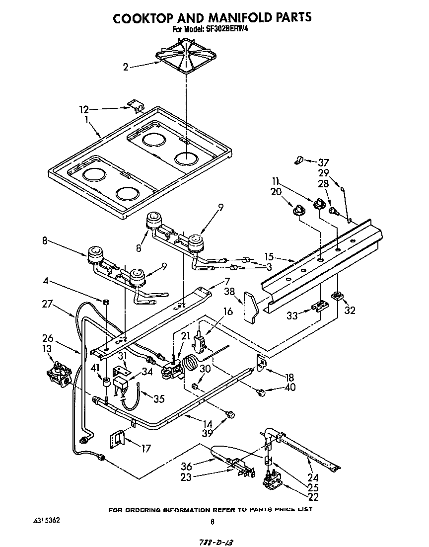 Whirlpool SF302BERW4 cooktop and manifold diagram