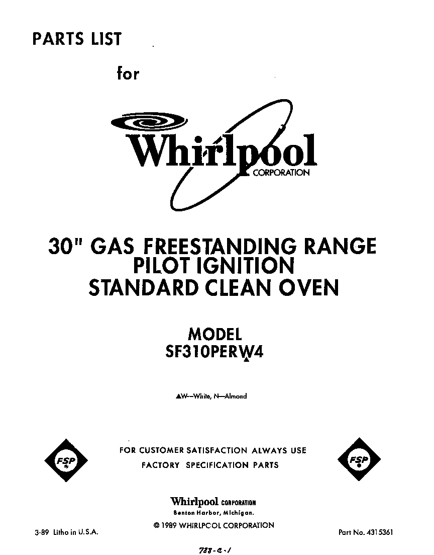Whirlpool SF310PERW4 front cover diagram
