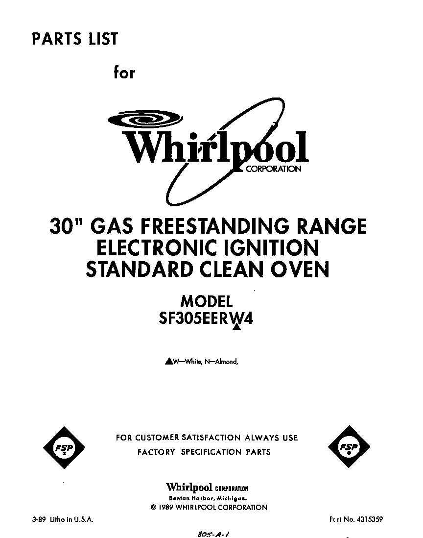 Whirlpool SF305EERW4 front cover diagram