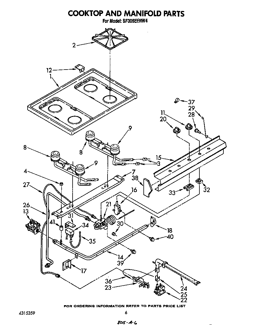 Whirlpool SF305EERW4 cook top and manifold diagram