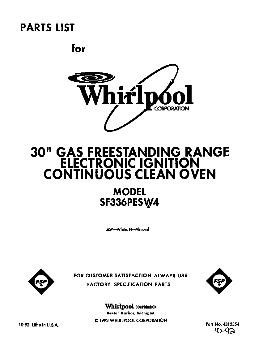 Whirlpool SF336PESW4 front cover diagram