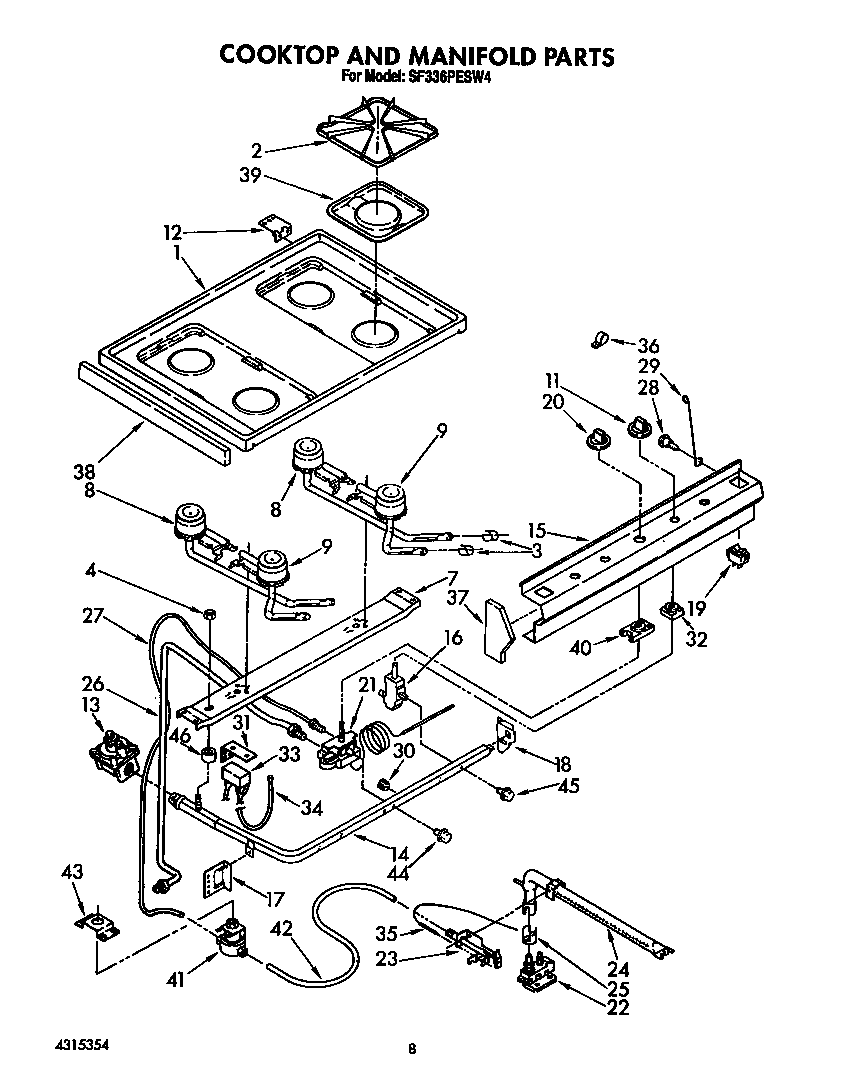 Whirlpool SF336PESW4 cooktop and manifold diagram
