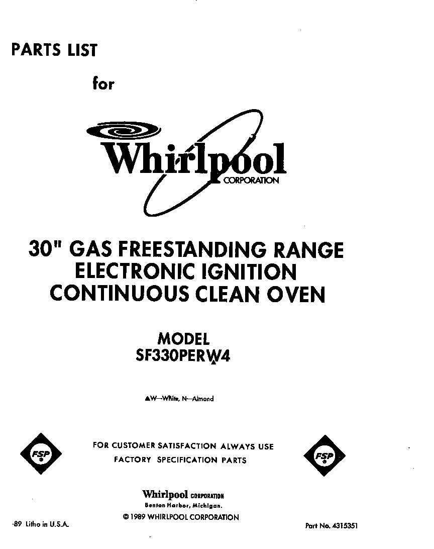 Whirlpool SF330PERW4 front cover diagram