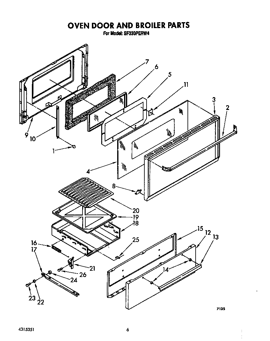 Whirlpool SF330PERW4 oven door and broiler diagram
