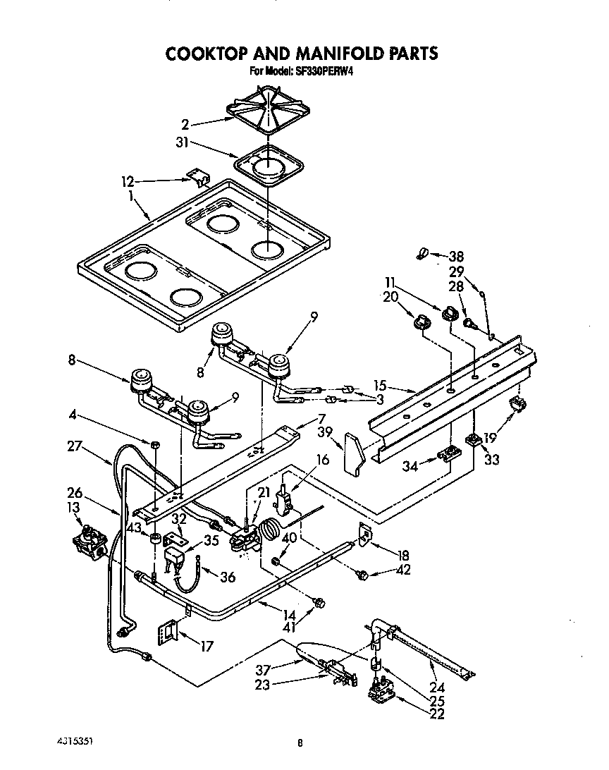 Whirlpool SF330PERW4 cooktop and manifold diagram
