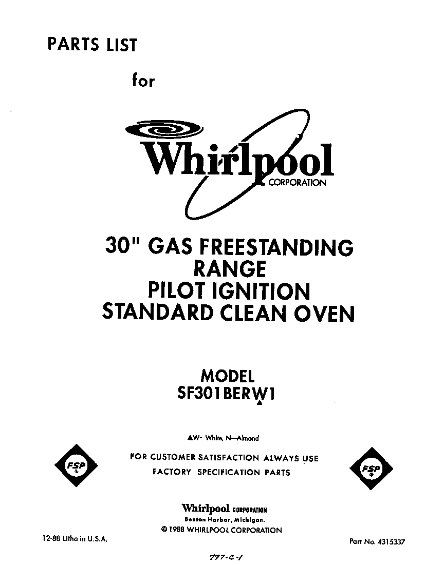 Whirlpool SF301BERW1 front cover diagram