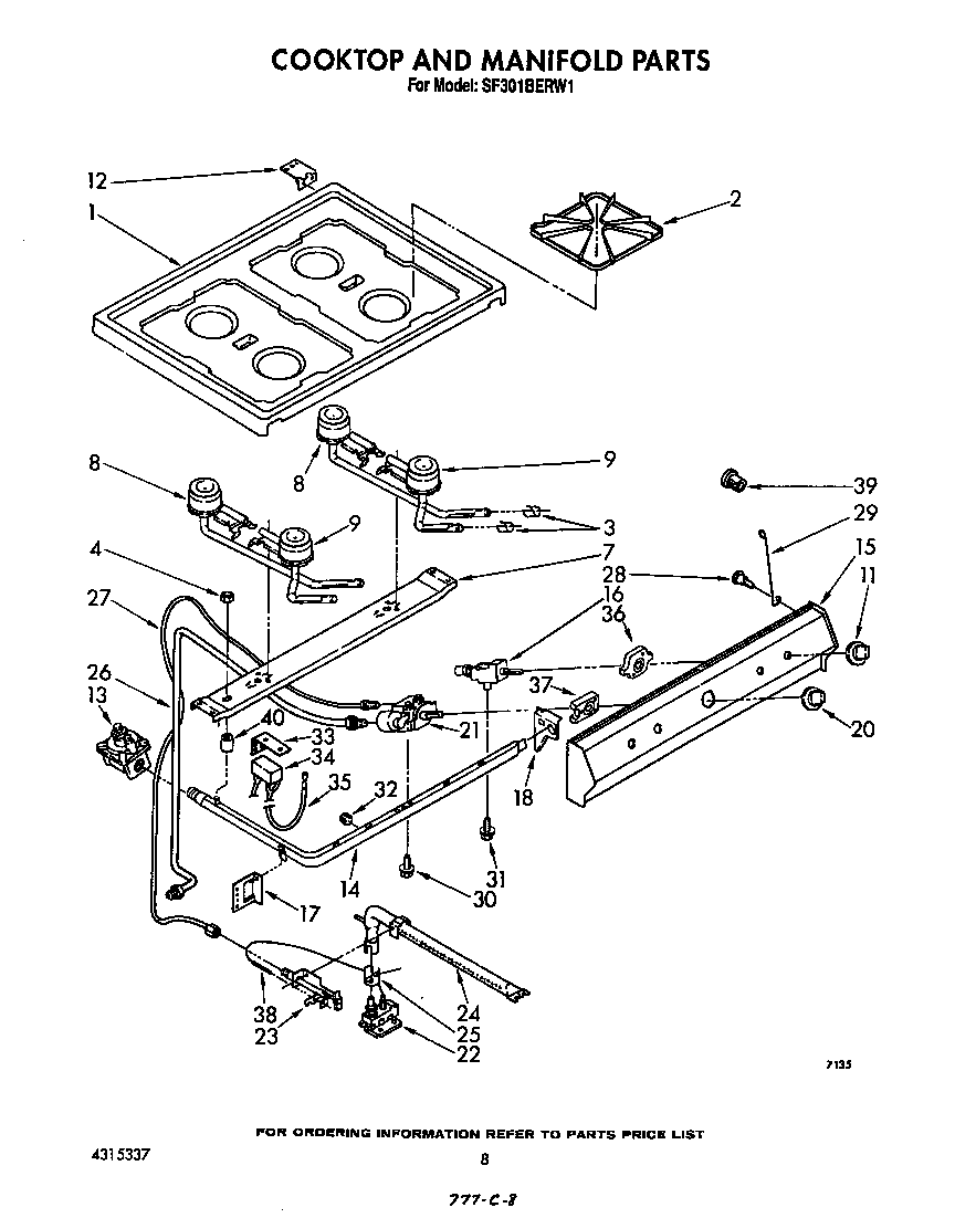 Whirlpool SF301BERW1 cook top and manifold diagram