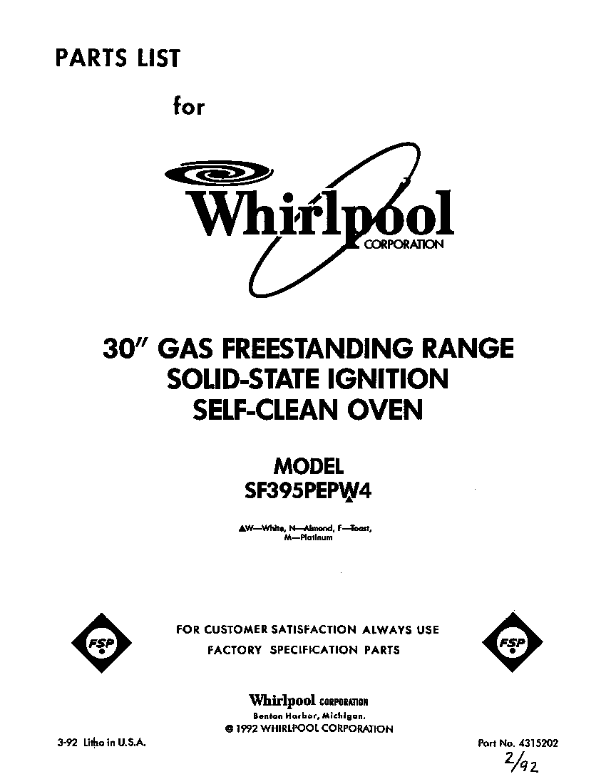 Whirlpool SF395PEPW4 front cover diagram