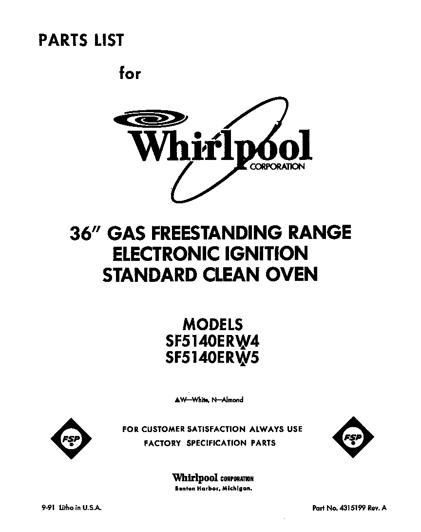 Whirlpool SF5140ERW4 front cover diagram