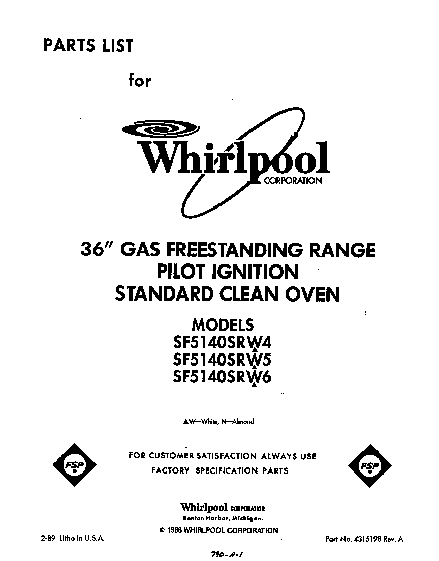 Whirlpool SF5140SRW6 front cover diagram