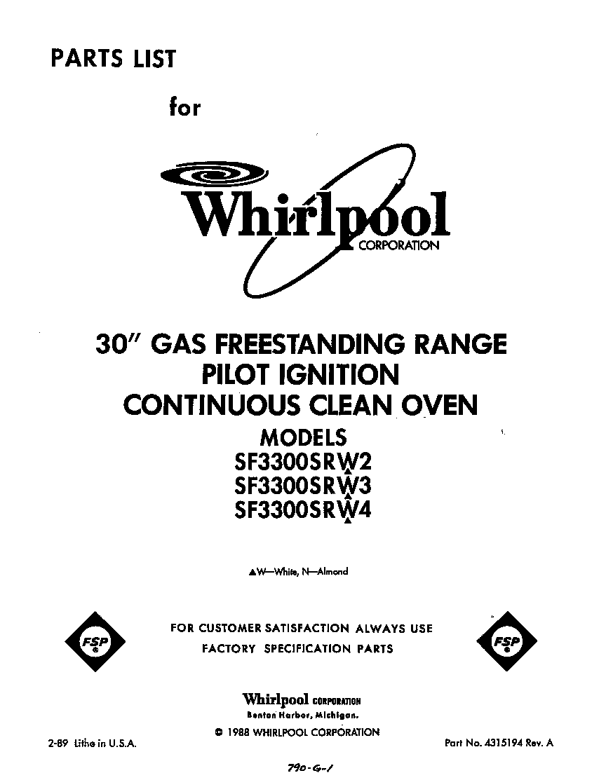 Whirlpool SF3300SRW3 front cover diagram