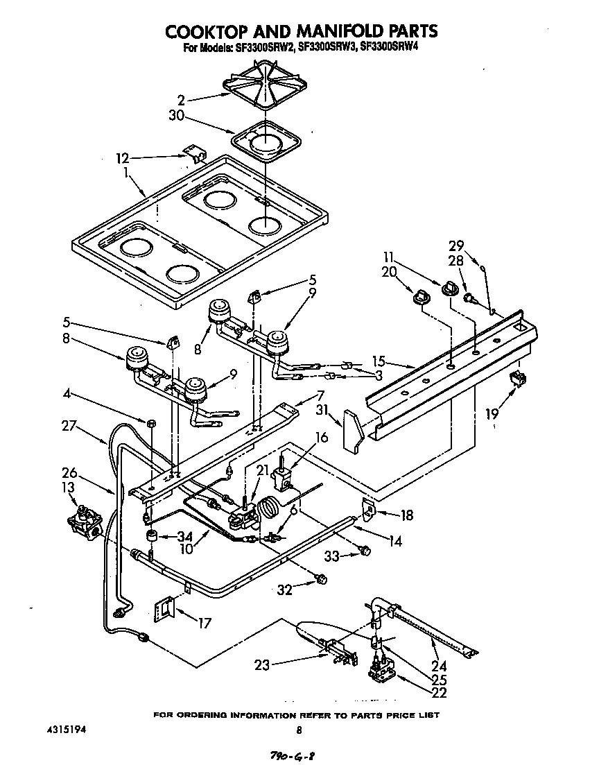 Whirlpool SF3300SRW3 cooktop and manifold diagram