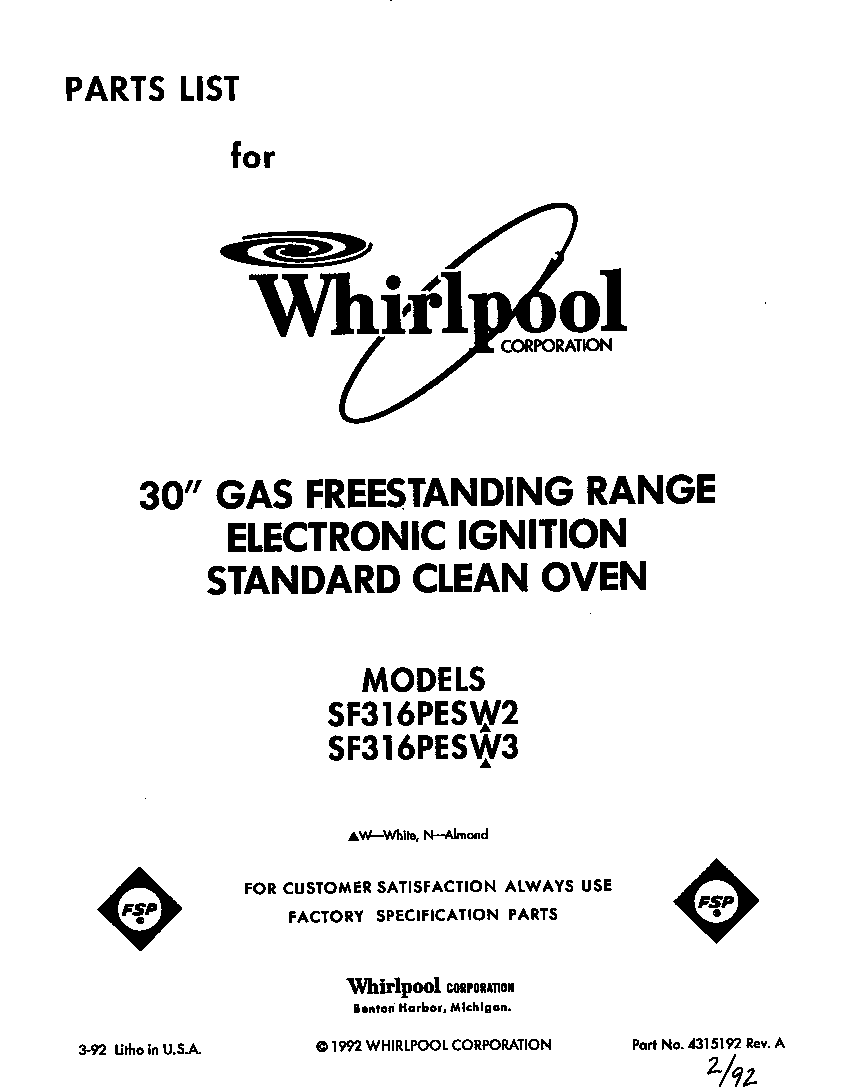 Whirlpool SF316PESW3 front cover diagram