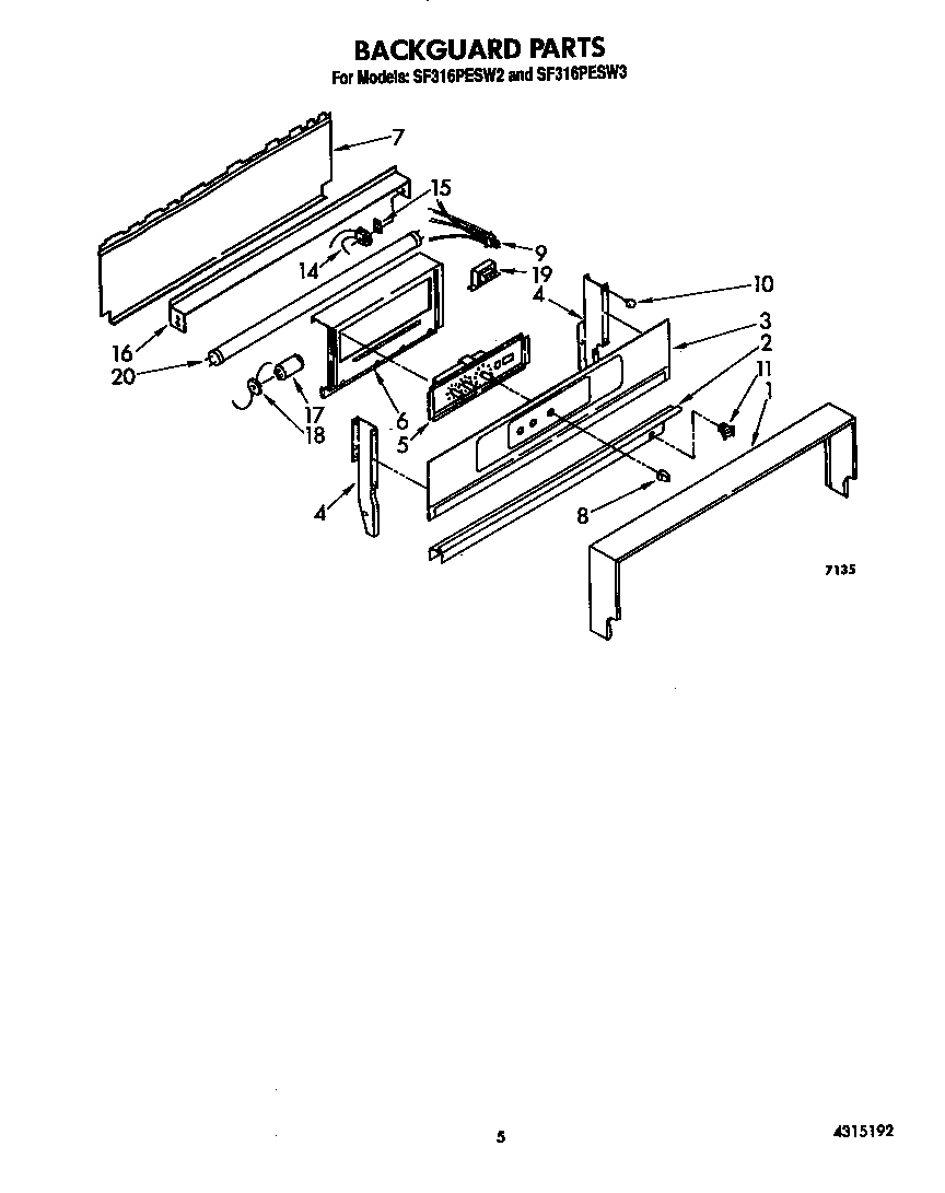 Whirlpool SF316PESW3 backguard diagram