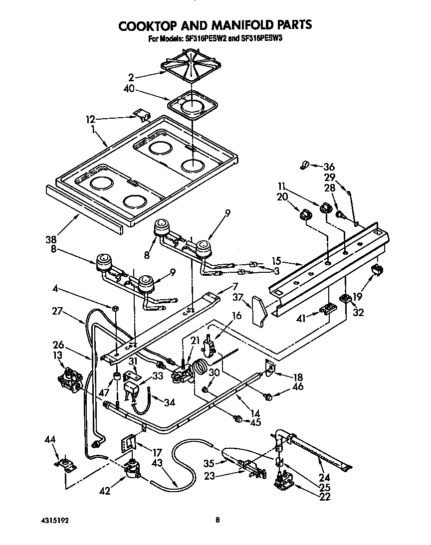 Whirlpool SF316PESW3 cooktop and manifold diagram