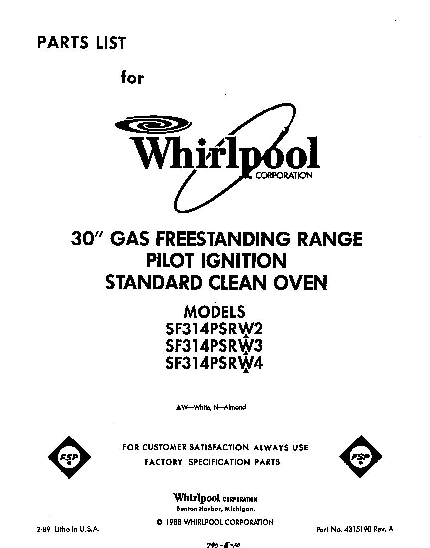 Whirlpool SF314PSRW4 front cover diagram