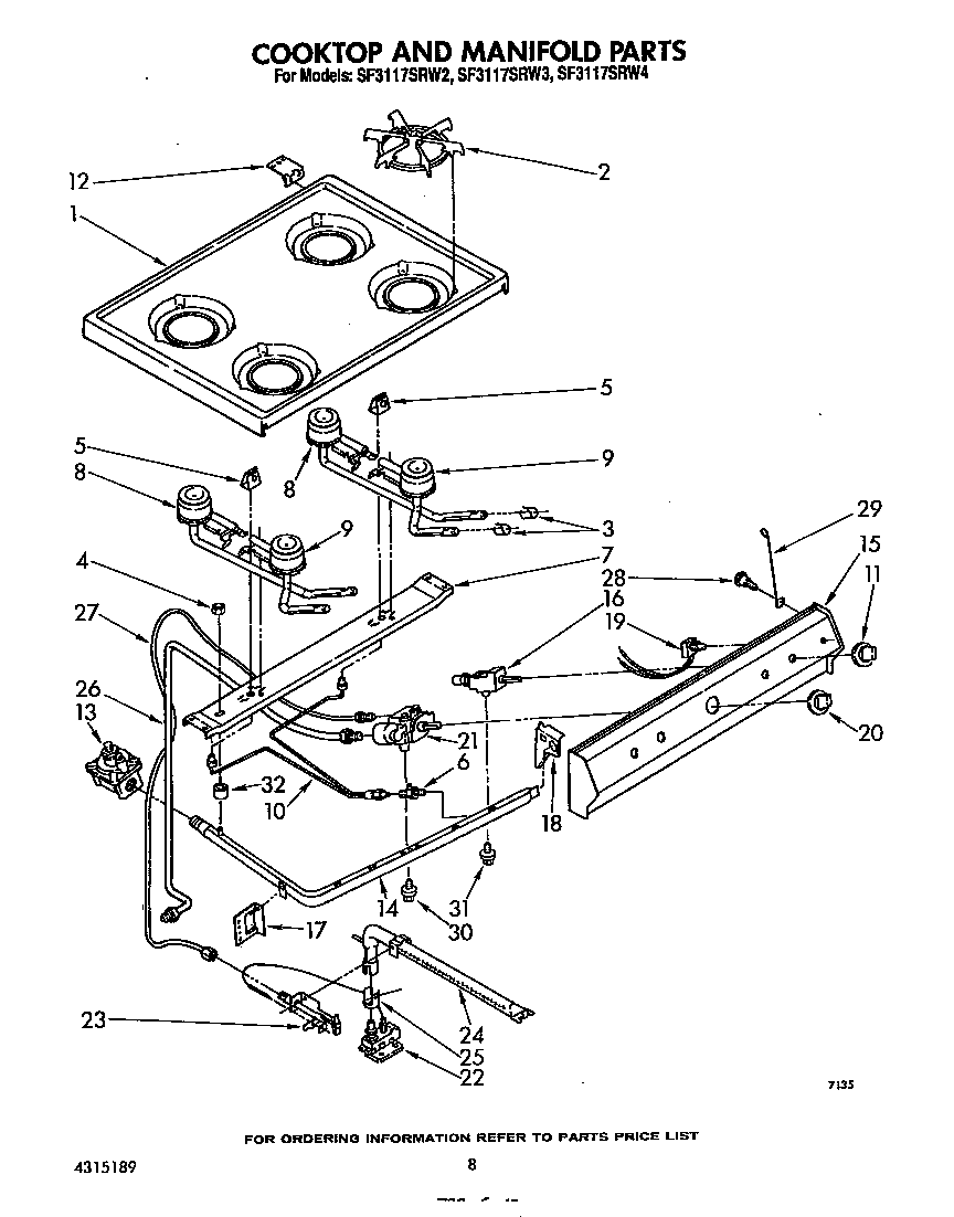 Whirlpool SF3117SRW3 cook top and manifold diagram