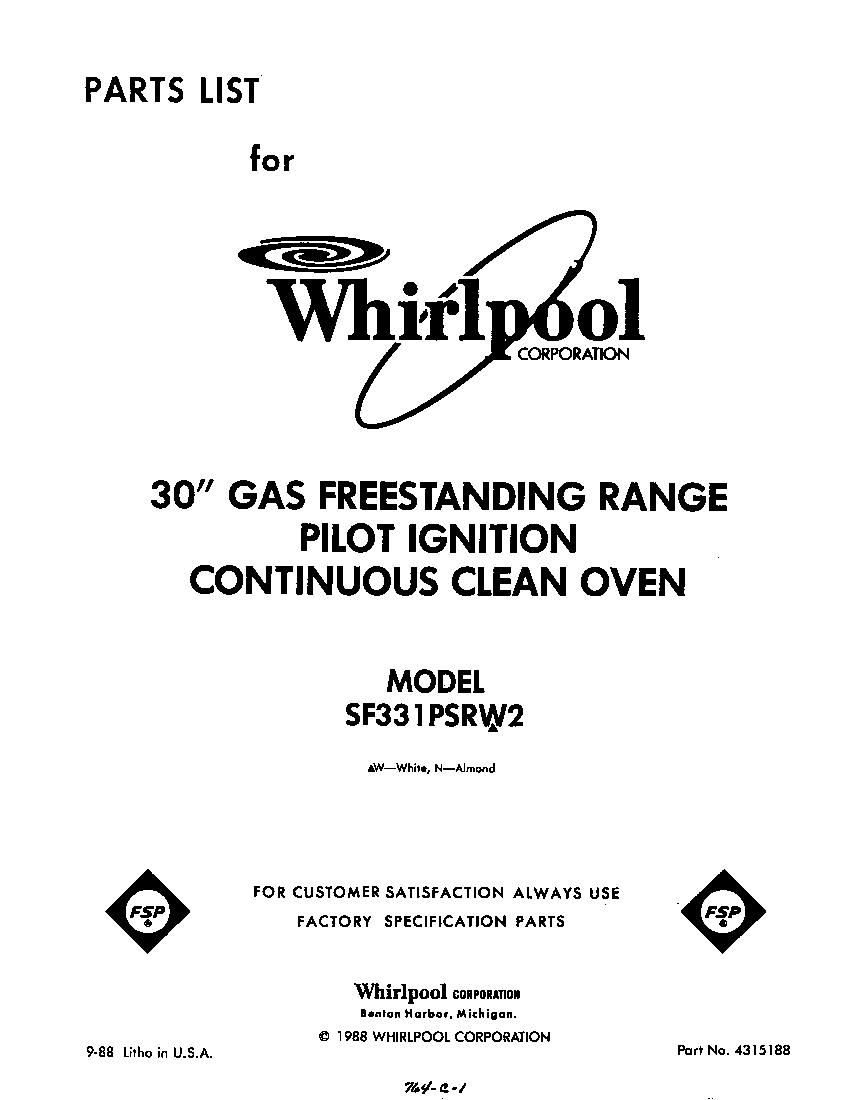 Whirlpool SF331PSRW2 front cover diagram