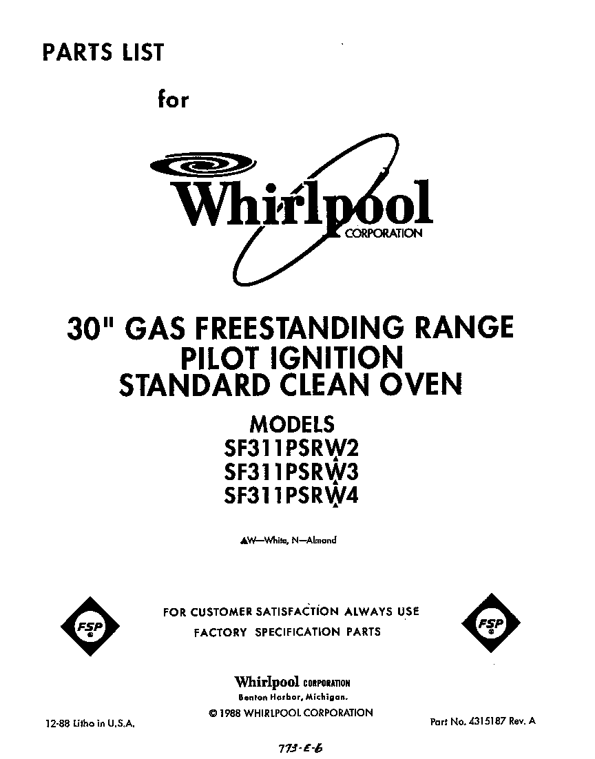 Whirlpool SF311PSRW2 front cover diagram