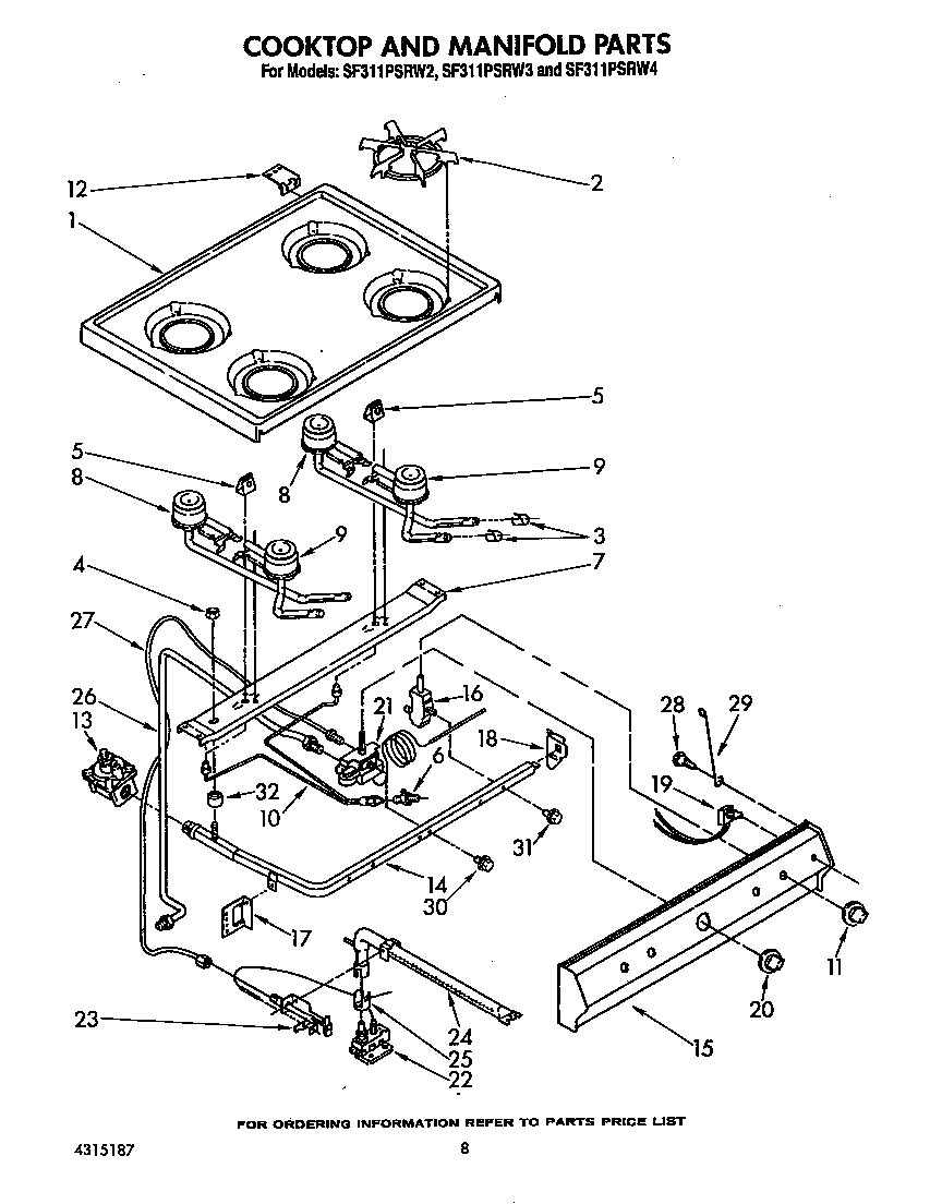 Whirlpool SF311PSRW2 cook top and manifold diagram