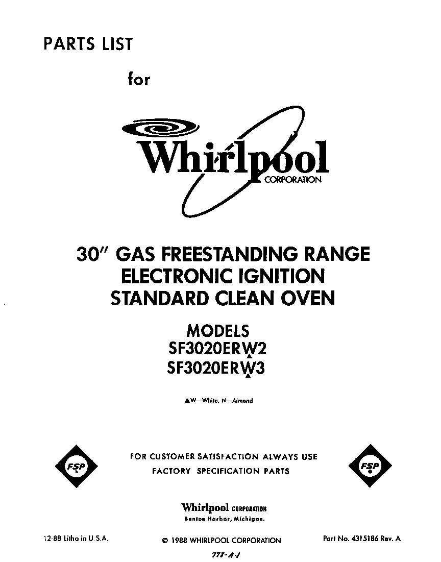 Whirlpool SF3020ERW3 front cover diagram