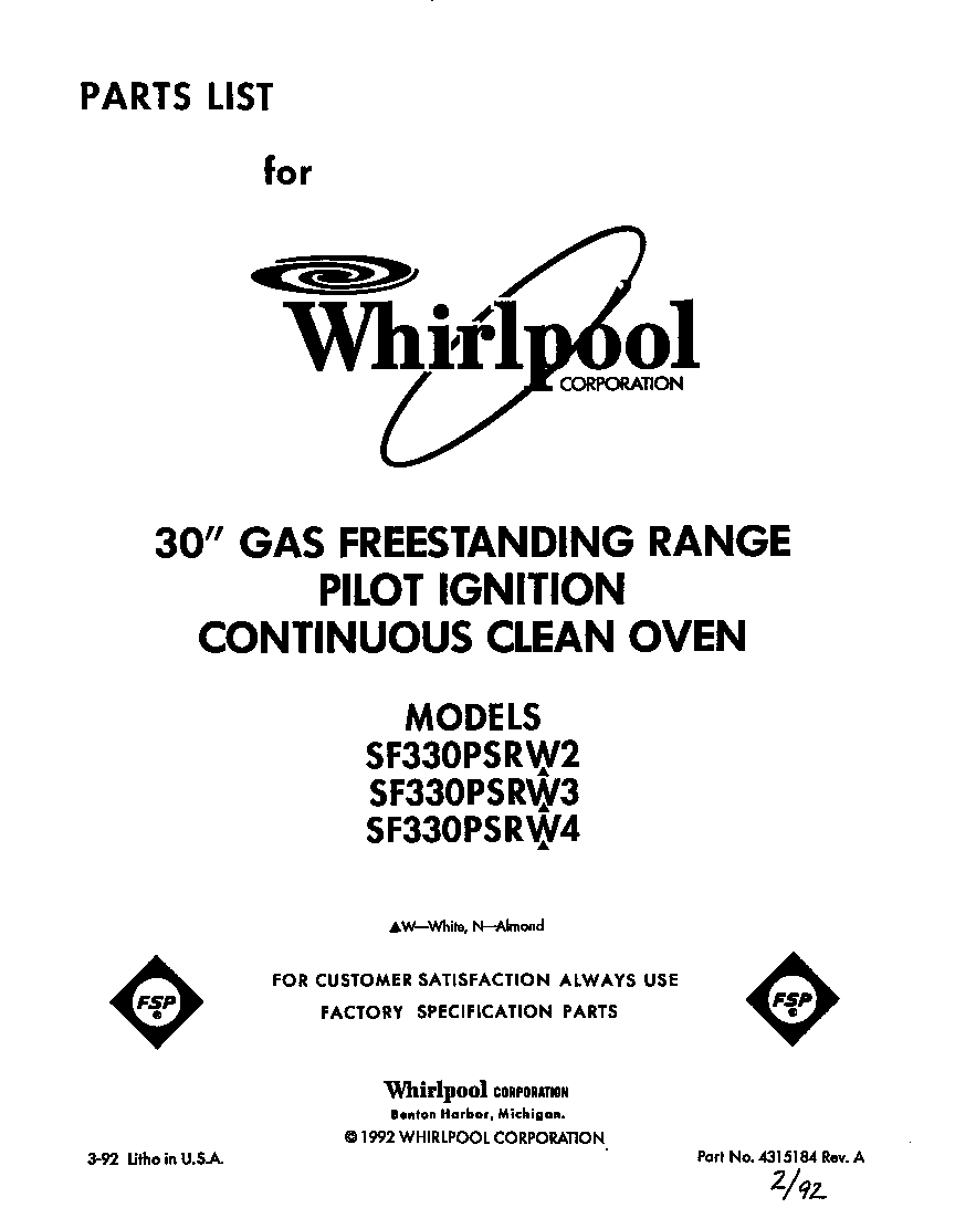 Whirlpool SF330PSRW2 front cover diagram