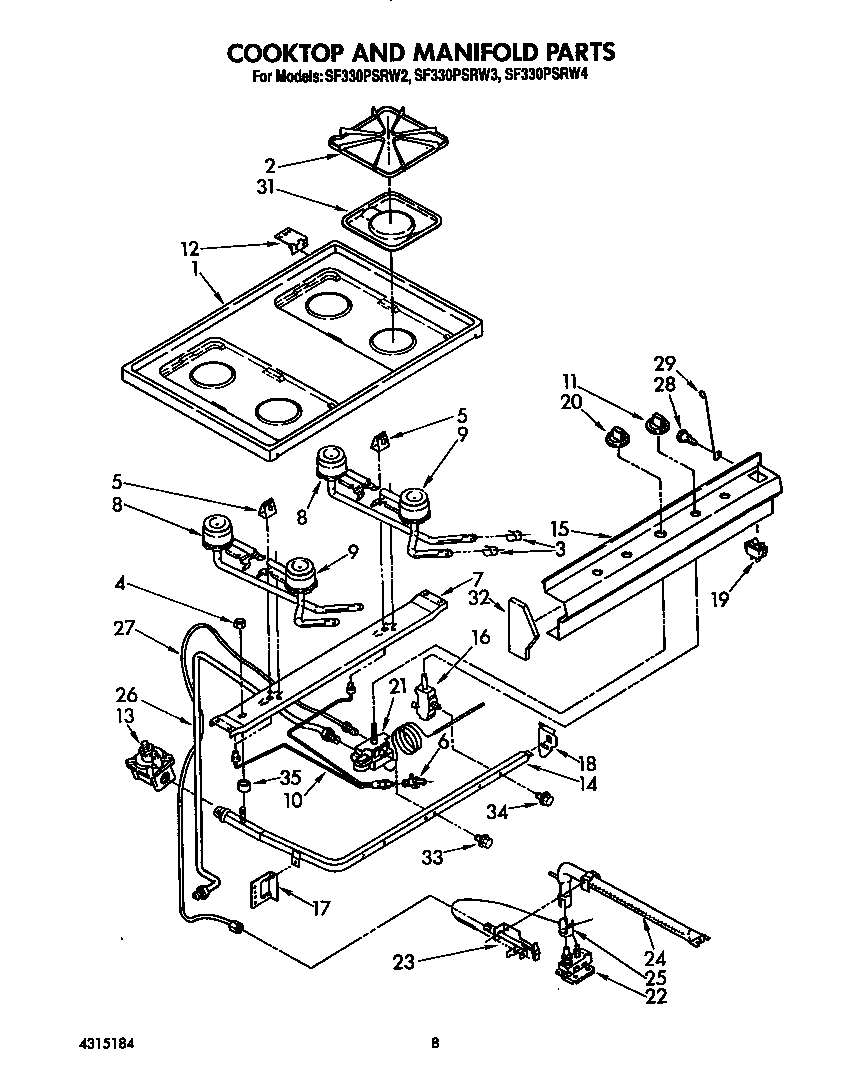 Whirlpool SF330PSRW2 cooktop and manifold diagram