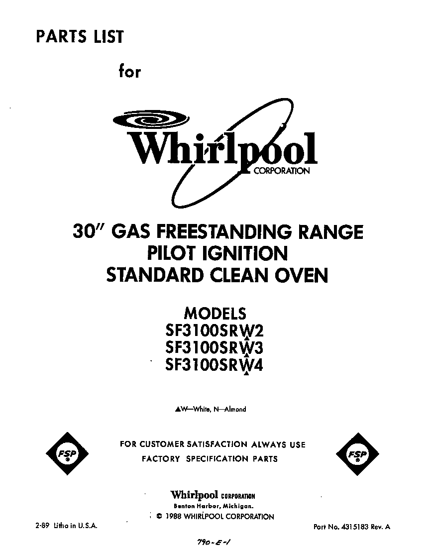 Whirlpool SF3100SRW3 front cover diagram