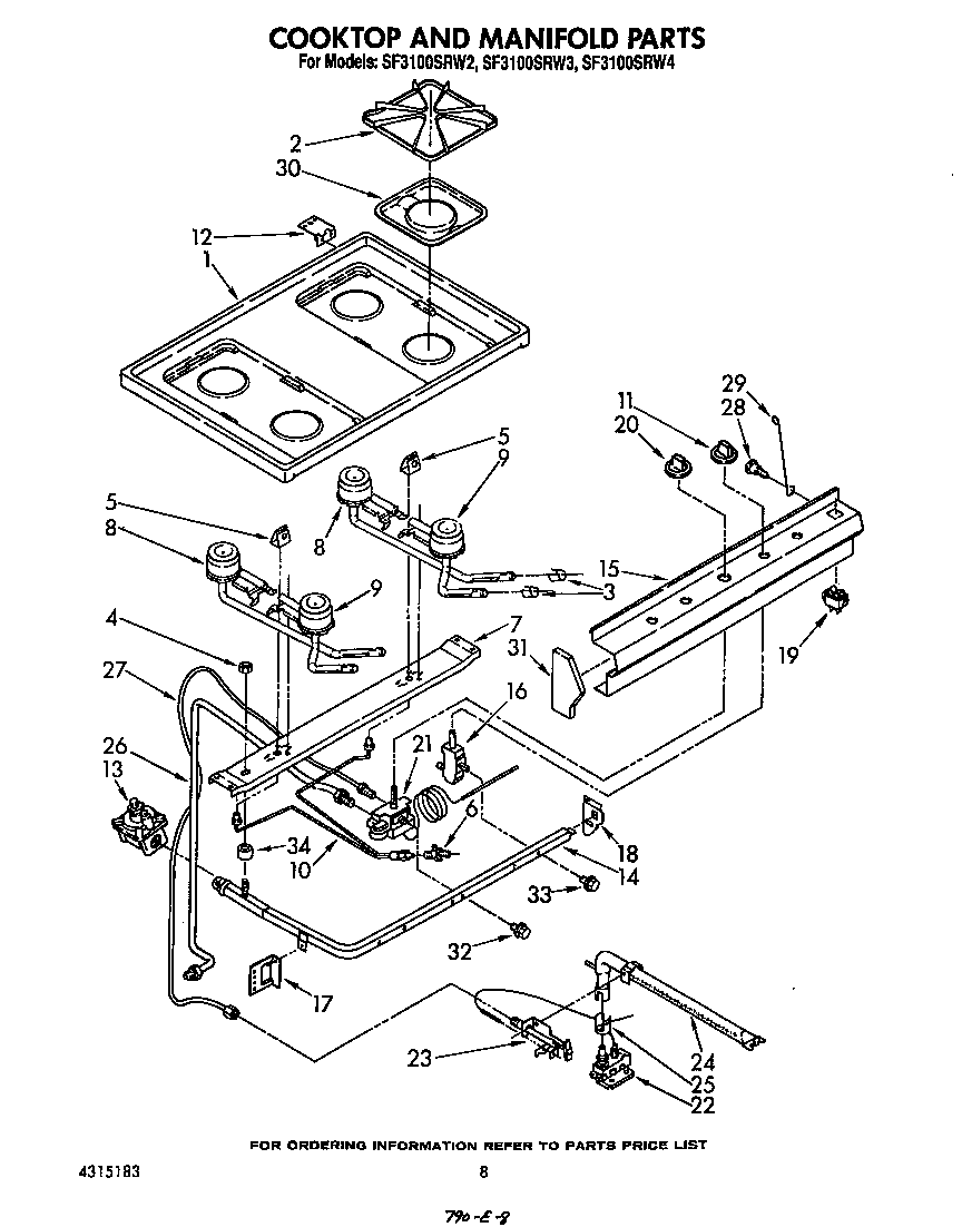 Whirlpool SF3100SRW3 cooktop and manifold diagram