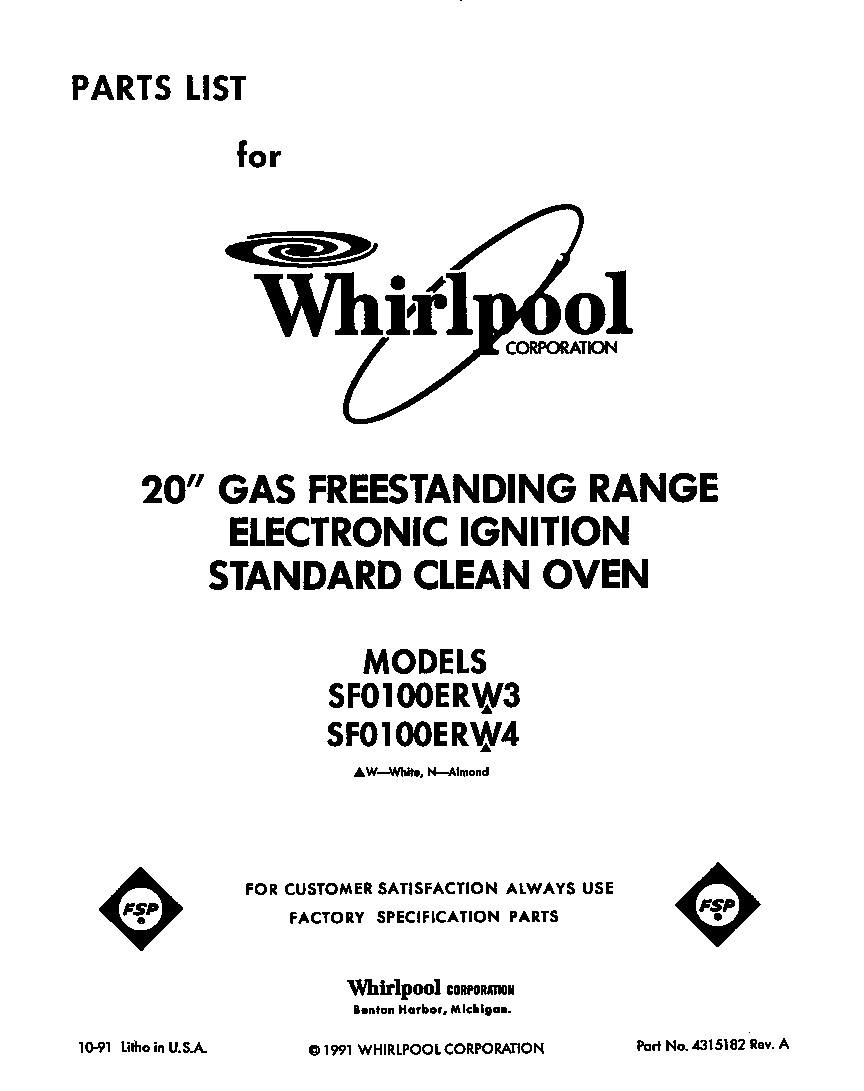 Whirlpool SF0100ERW4 front cover diagram