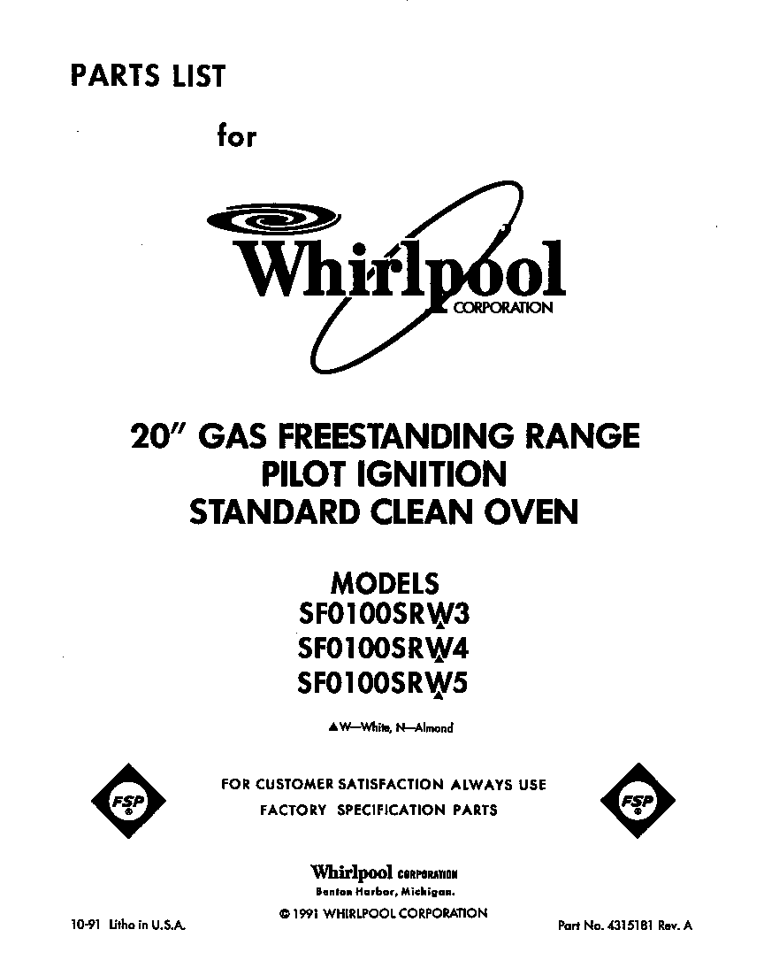 Whirlpool SF0100SRW3 front cover diagram