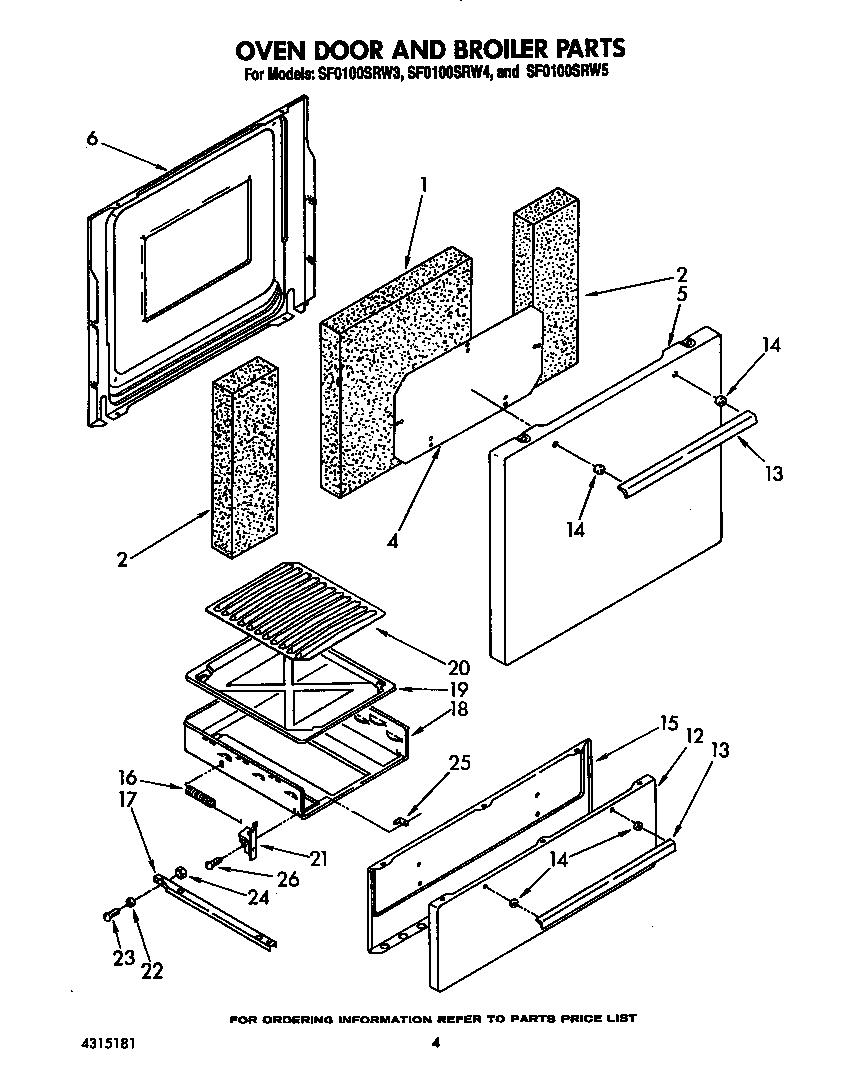 Whirlpool SF0100SRW3 oven door and broiler diagram