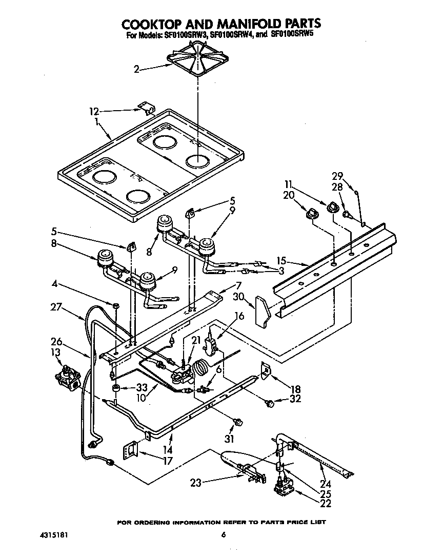 Whirlpool SF0100SRW3 cooktop and manifold diagram