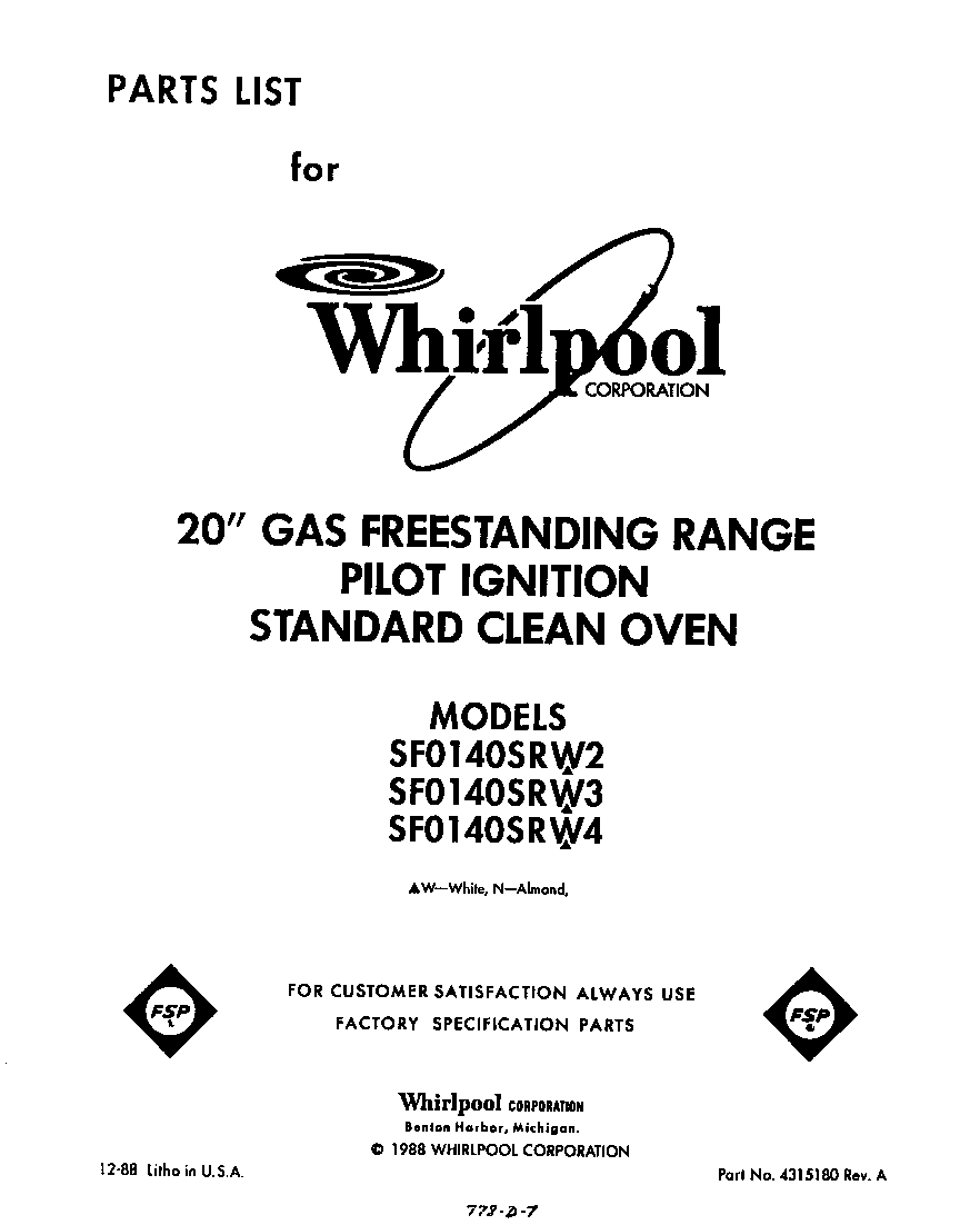 Whirlpool SF0140SRW2 front cover diagram