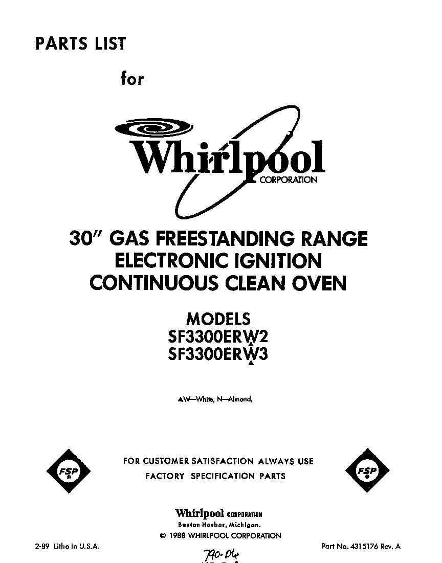 Whirlpool SF3300ERW3 front cover diagram