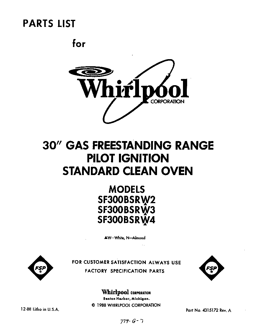 Whirlpool SF300BSRW3 front cover diagram