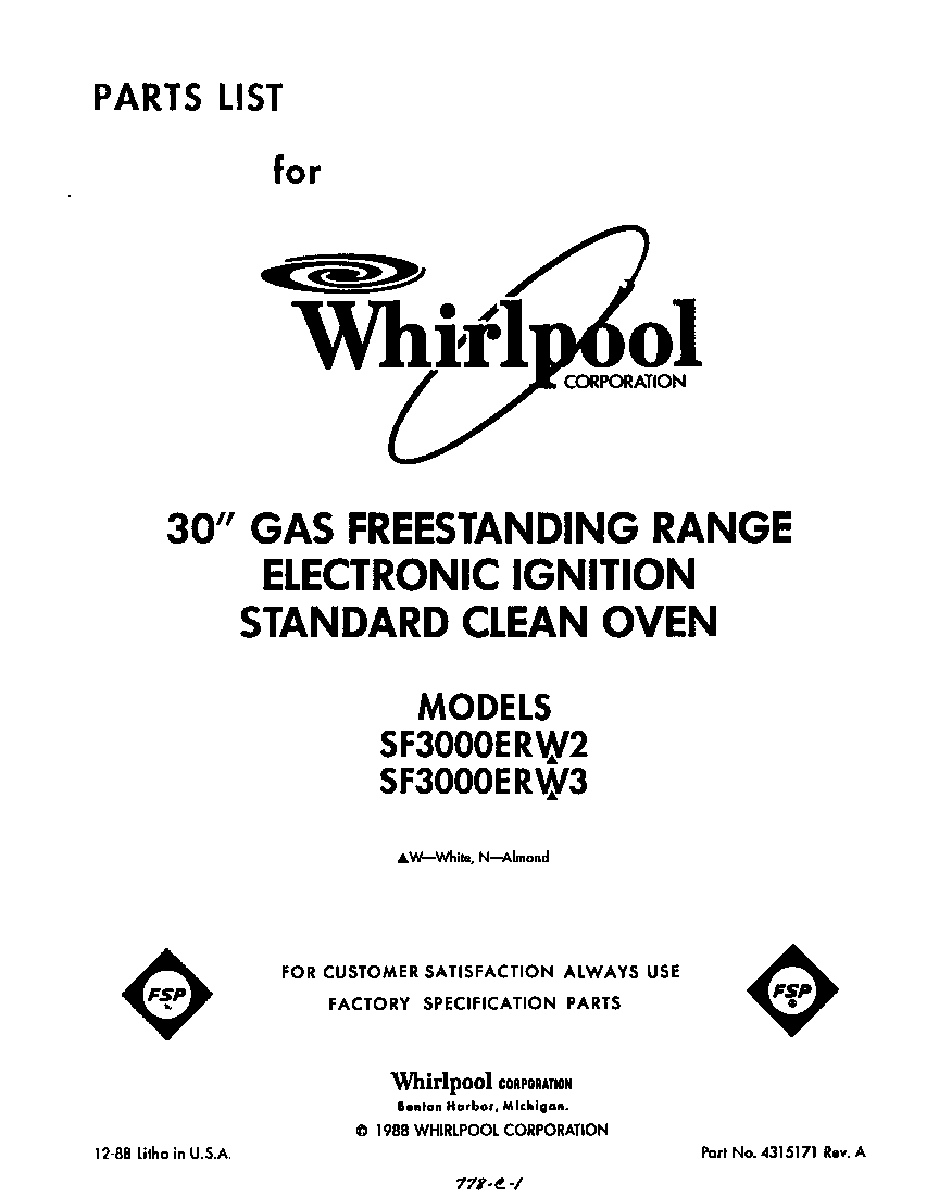 Whirlpool SF3000ERW2 front cover diagram