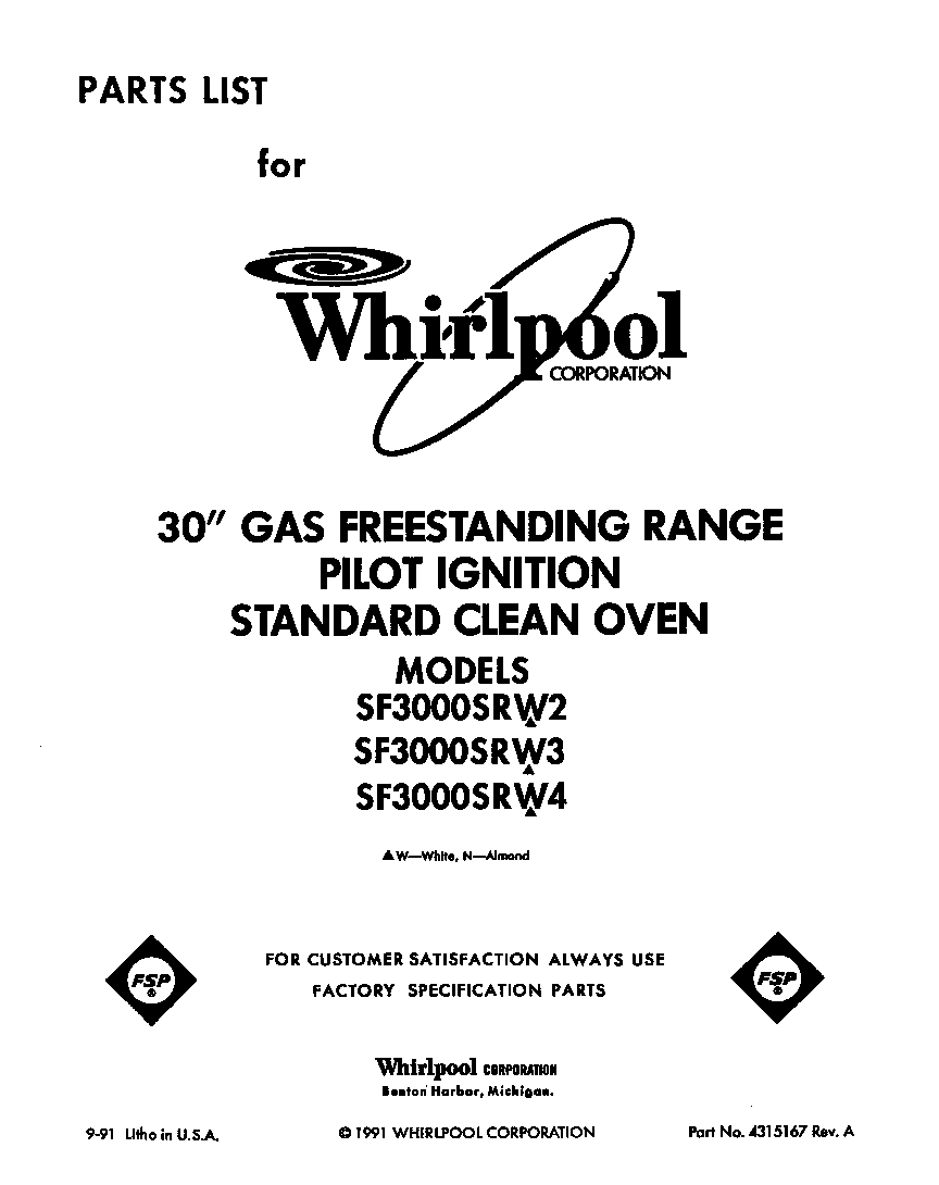 Whirlpool SF3000SRW4 front cover diagram