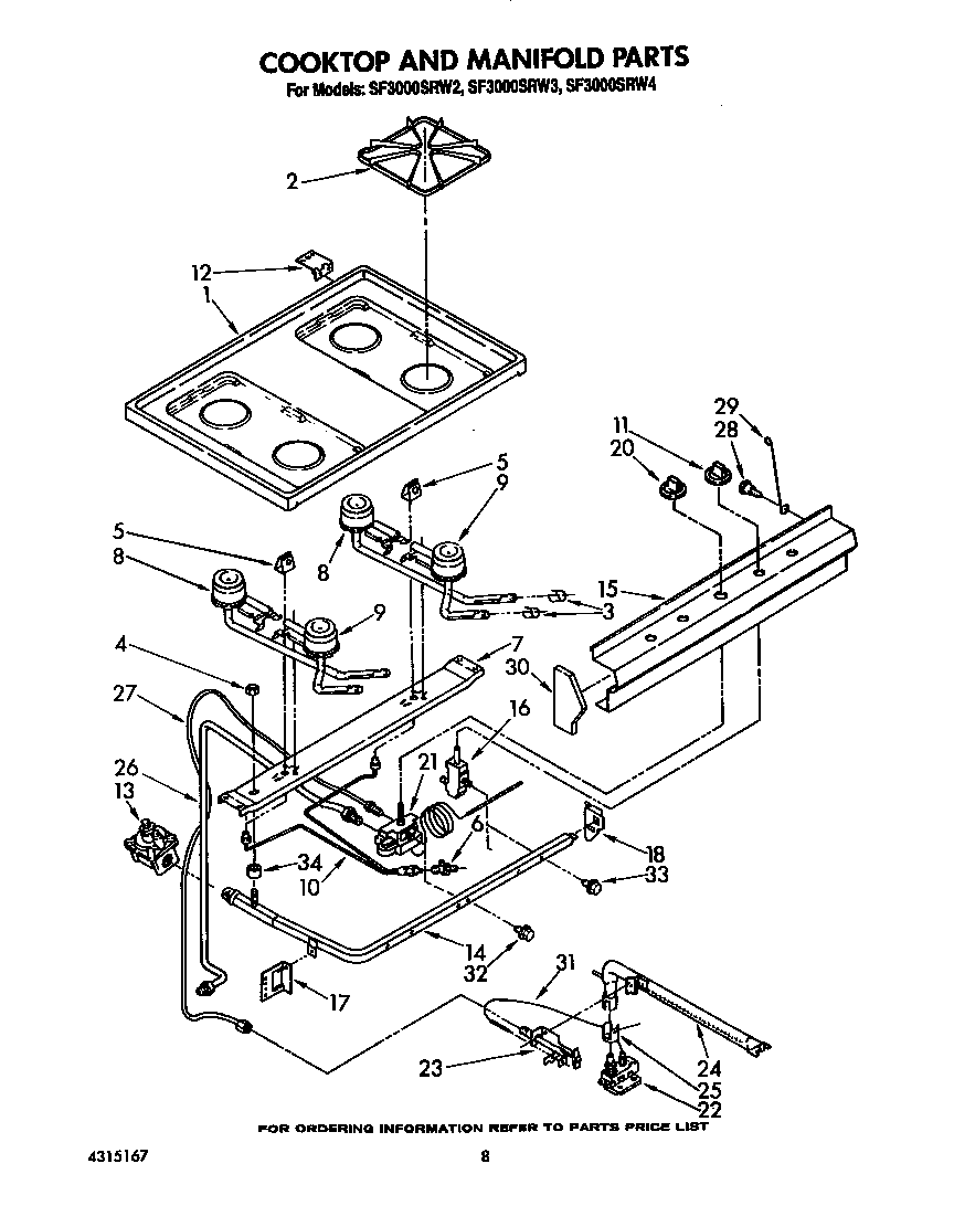 Whirlpool SF3000SRW4 cooktop and manifold diagram
