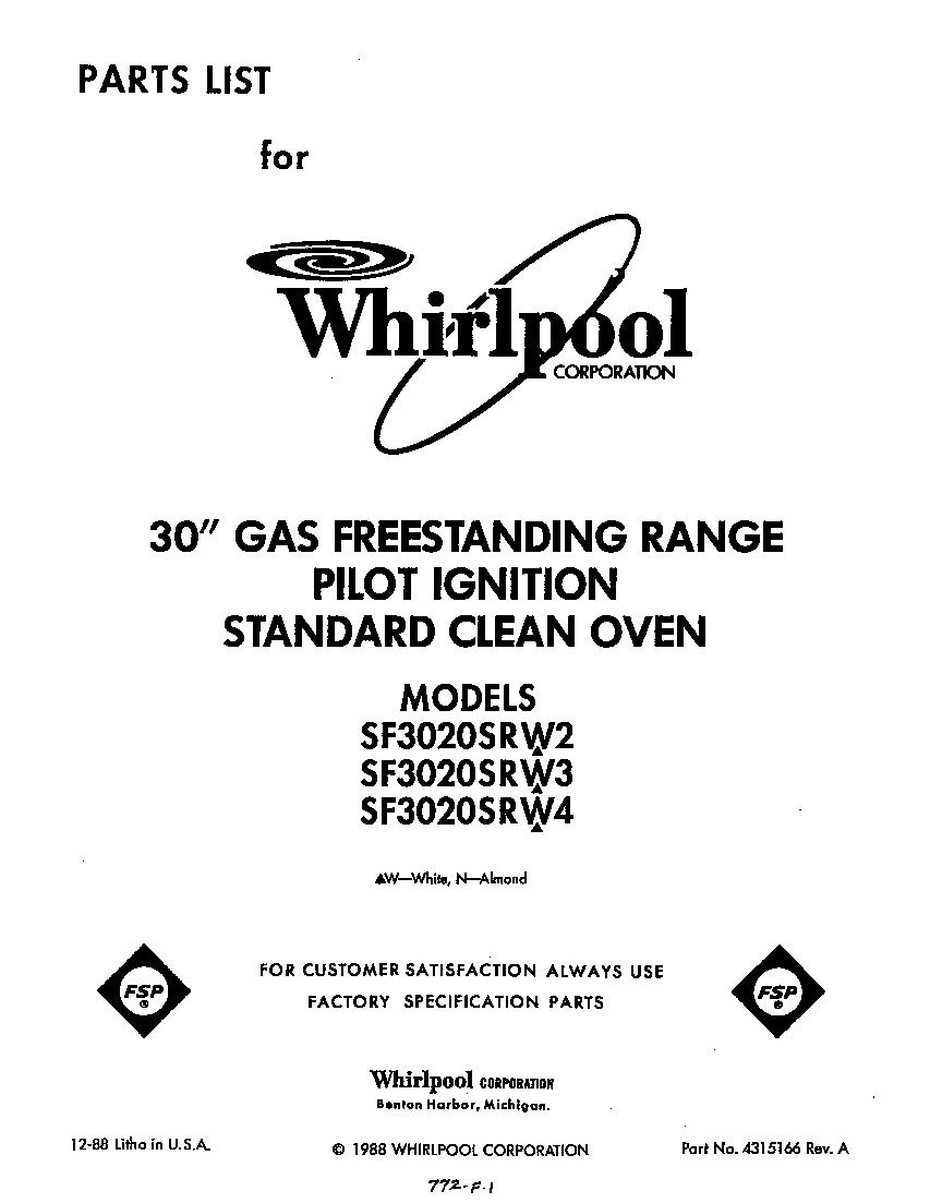 Whirlpool SF3020SRW4 front cover diagram