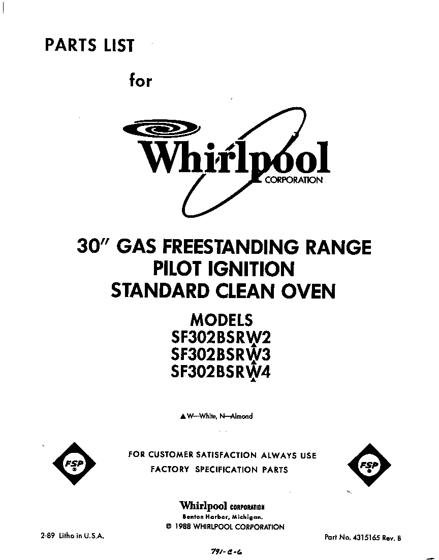 Whirlpool SF302BSRW2 front cover diagram
